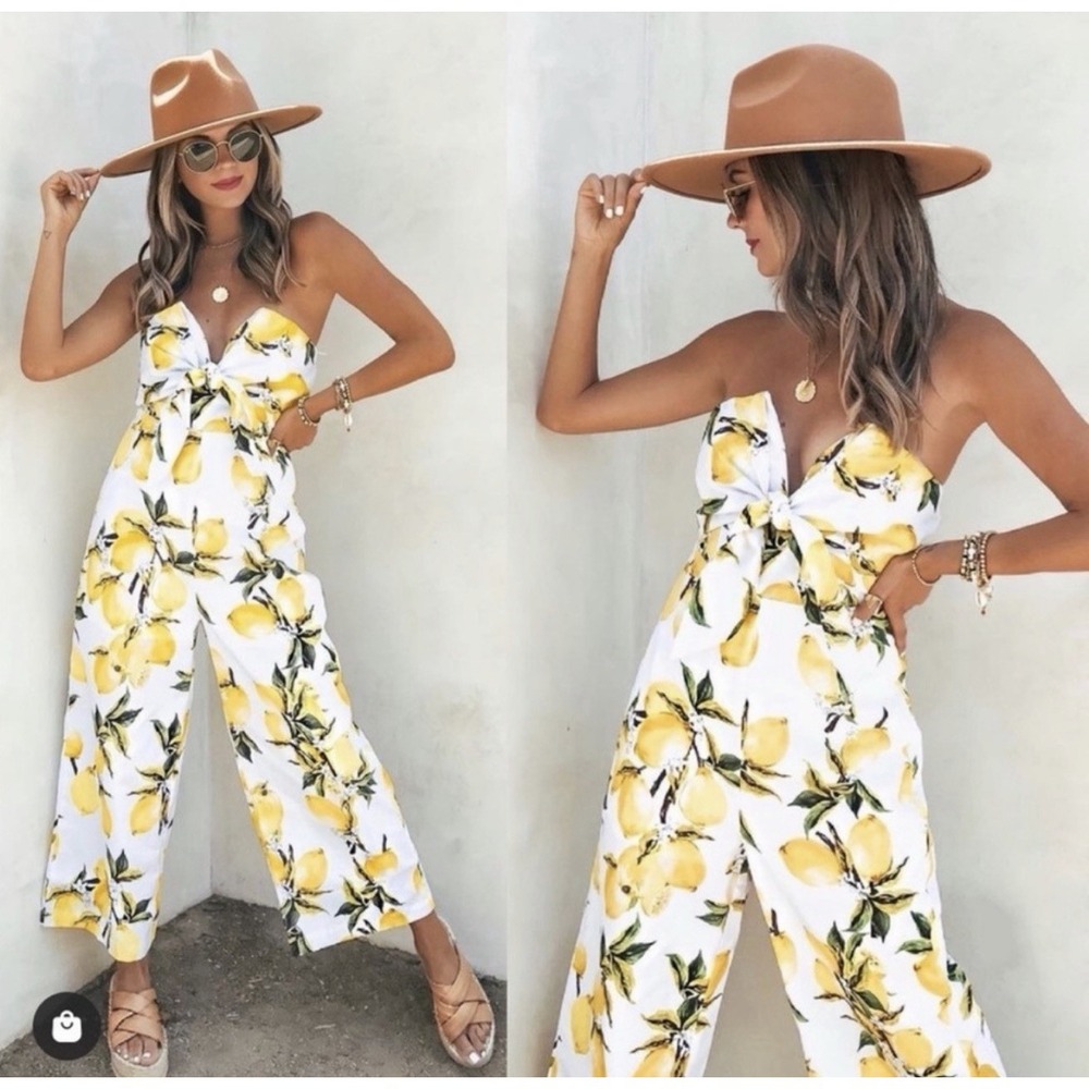 English Factory Jumpsuit Womens S White Yellow Lemon Print Tie Strapless Knotted - Picture 12 of 13